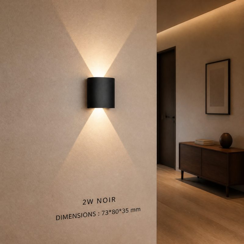 Applique Extérieure LED 2 W noire dimensions 73 x 80 x 35 mm faisceau haut et bas