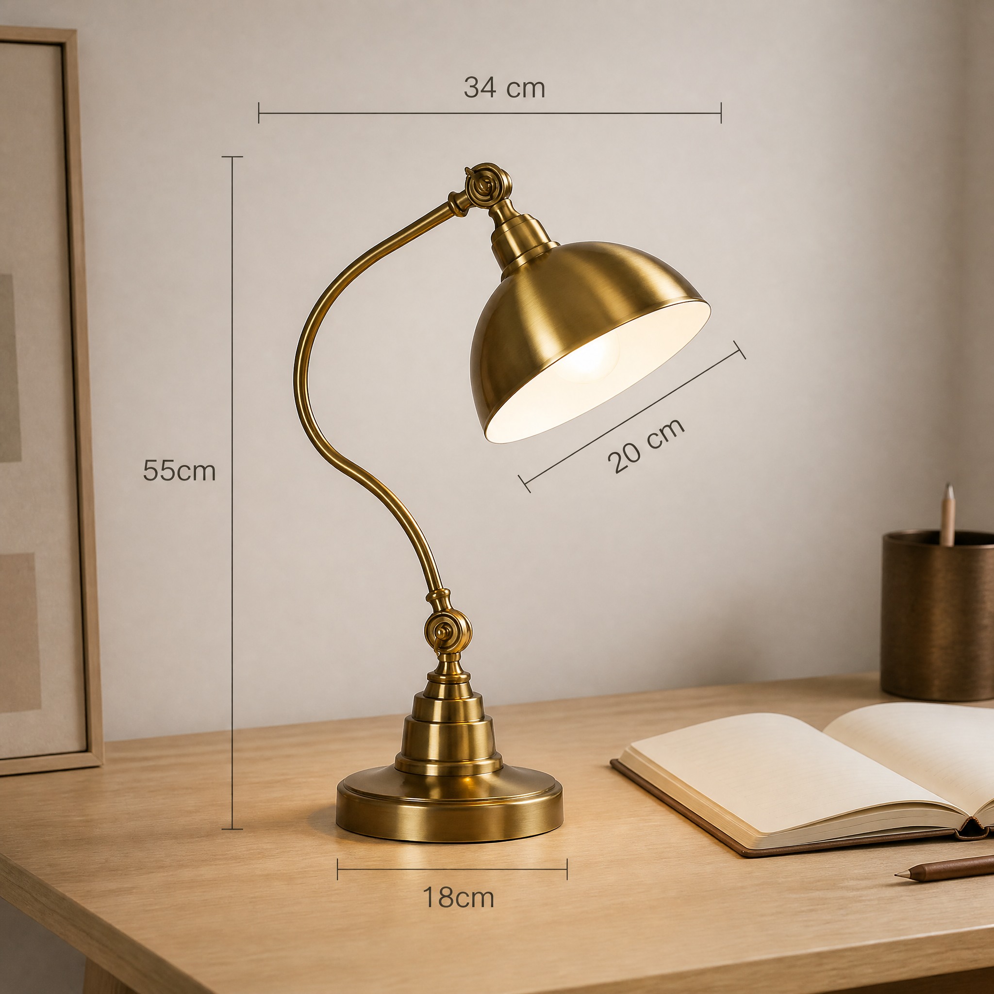 Lampe de Bureau Laiton métal, finition laiton brossé ou nickel brossé selon la variante