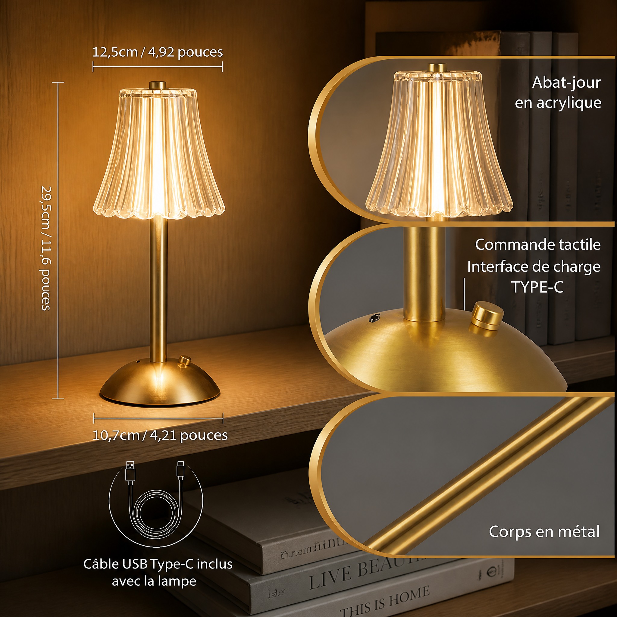 Lampe de Chevet en Verre métal et abat-jour en acrylique plissé