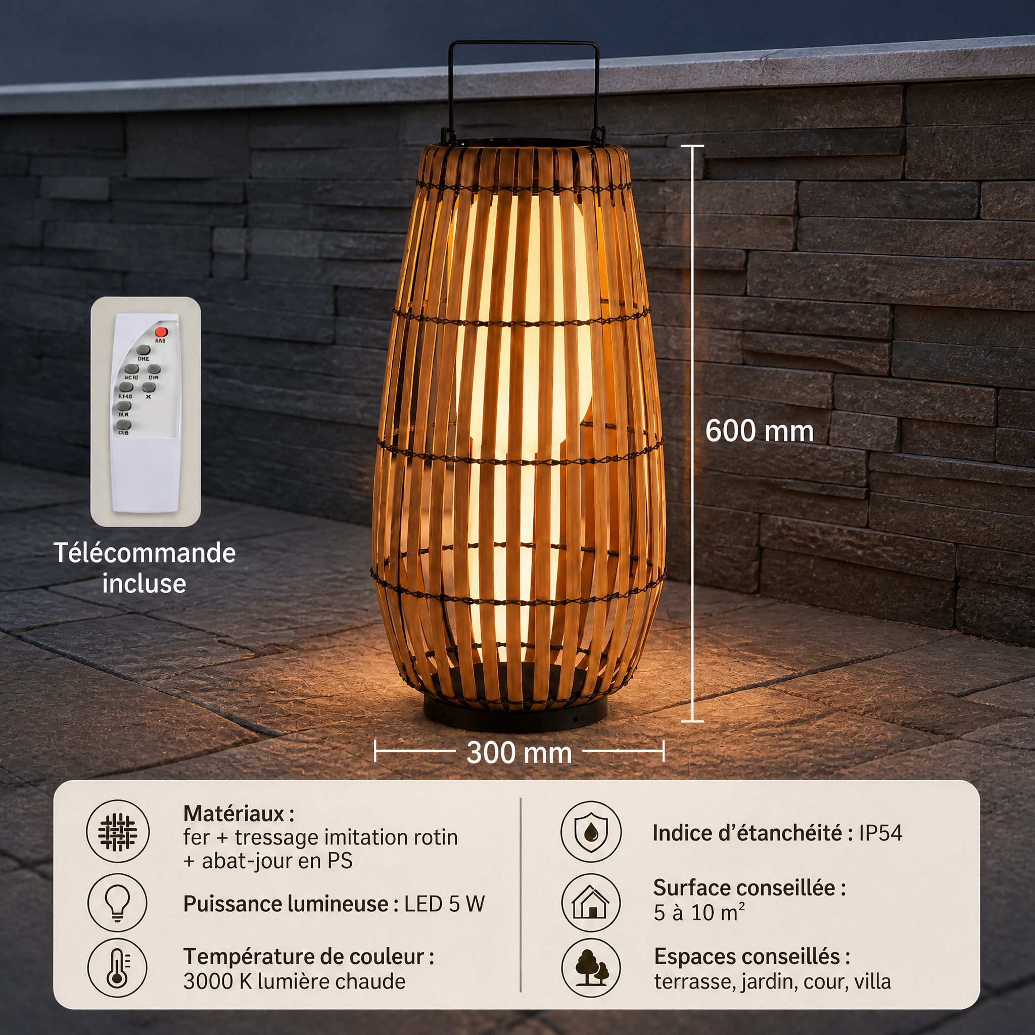 Lanterne Solaire Rotin lampe extérieure solaire décorative
