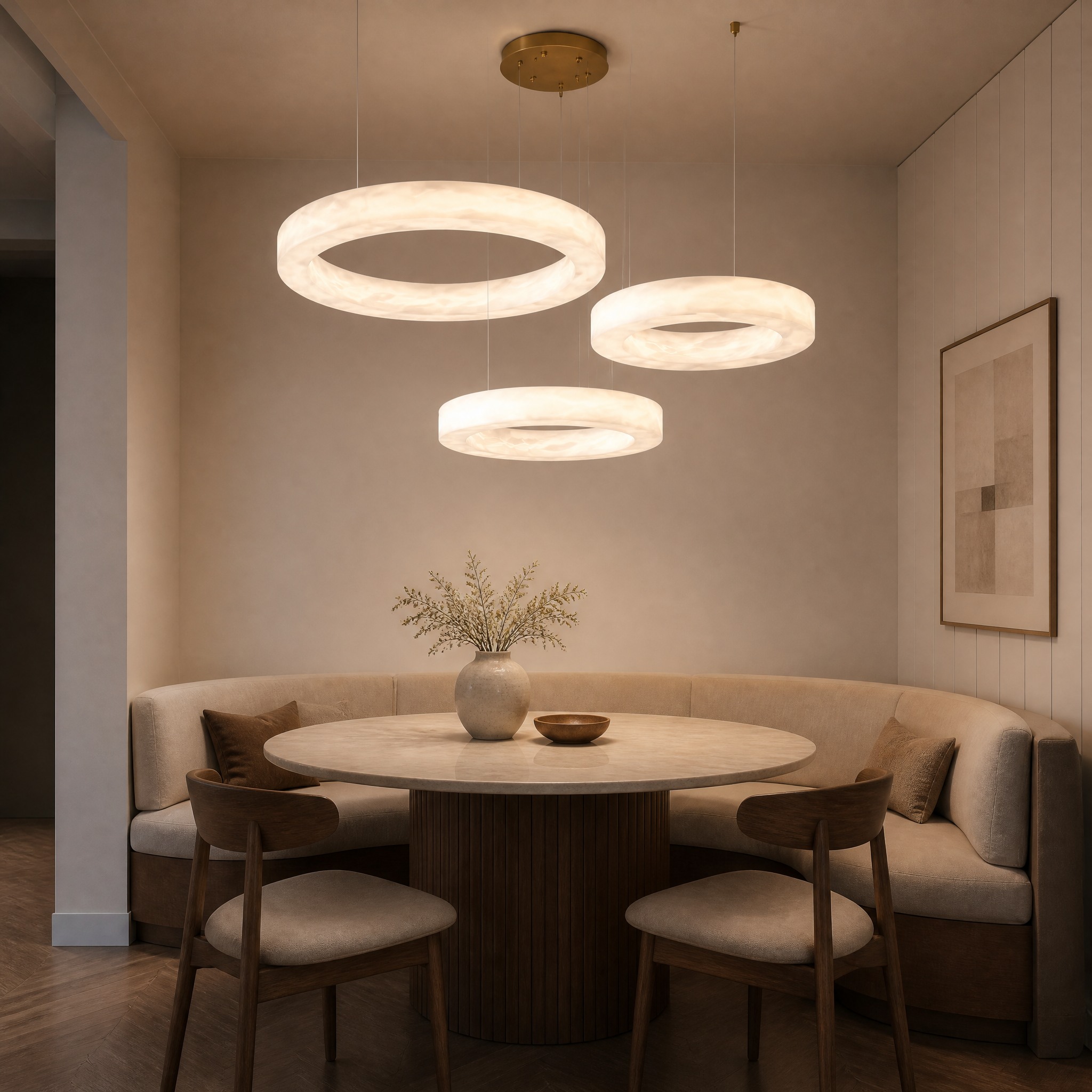 Lustre Anneaux Albâtre marbre naturel pur, cuivre et acier inoxydable