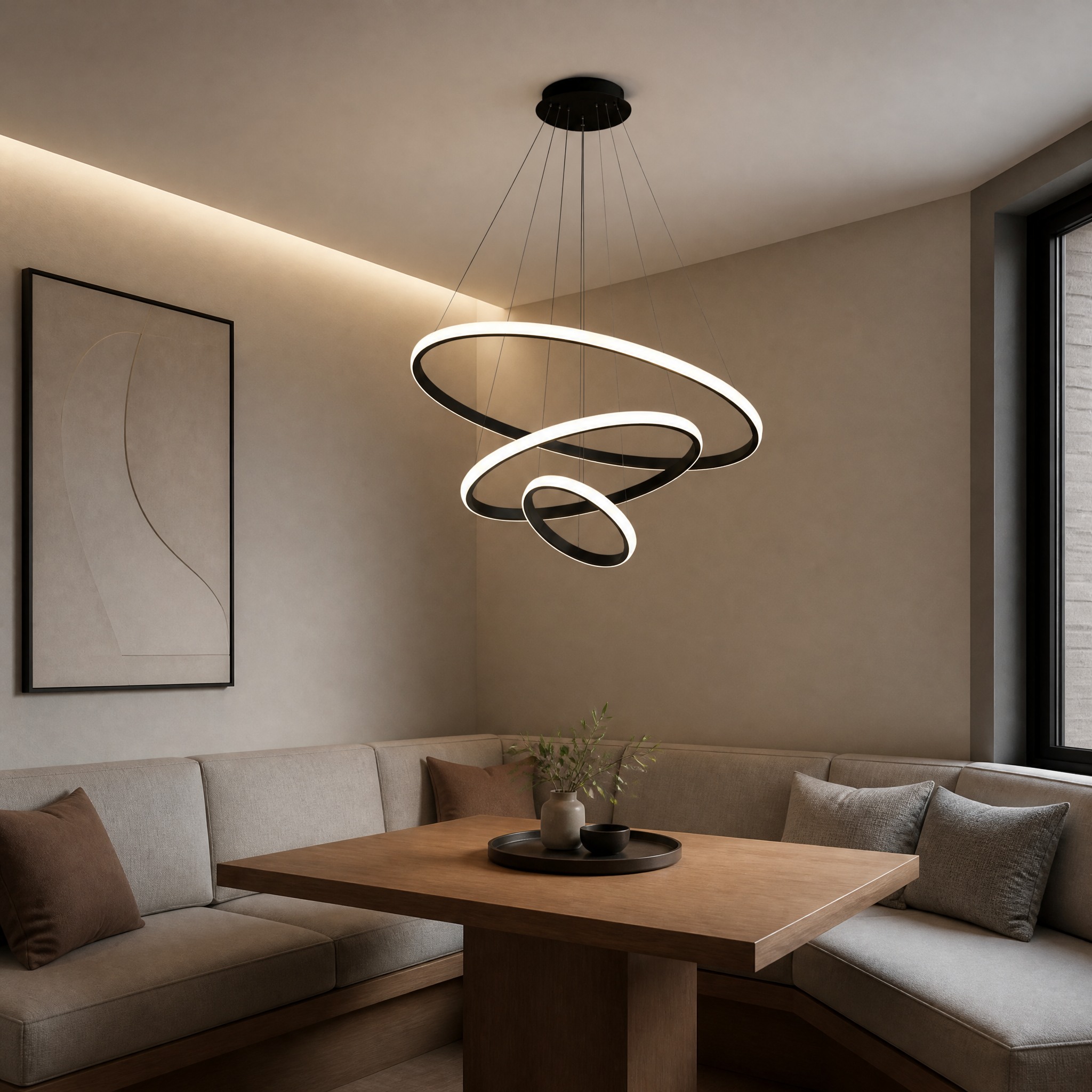 Lustre Anneaux Noir aluminium, fer et silicone haute qualité