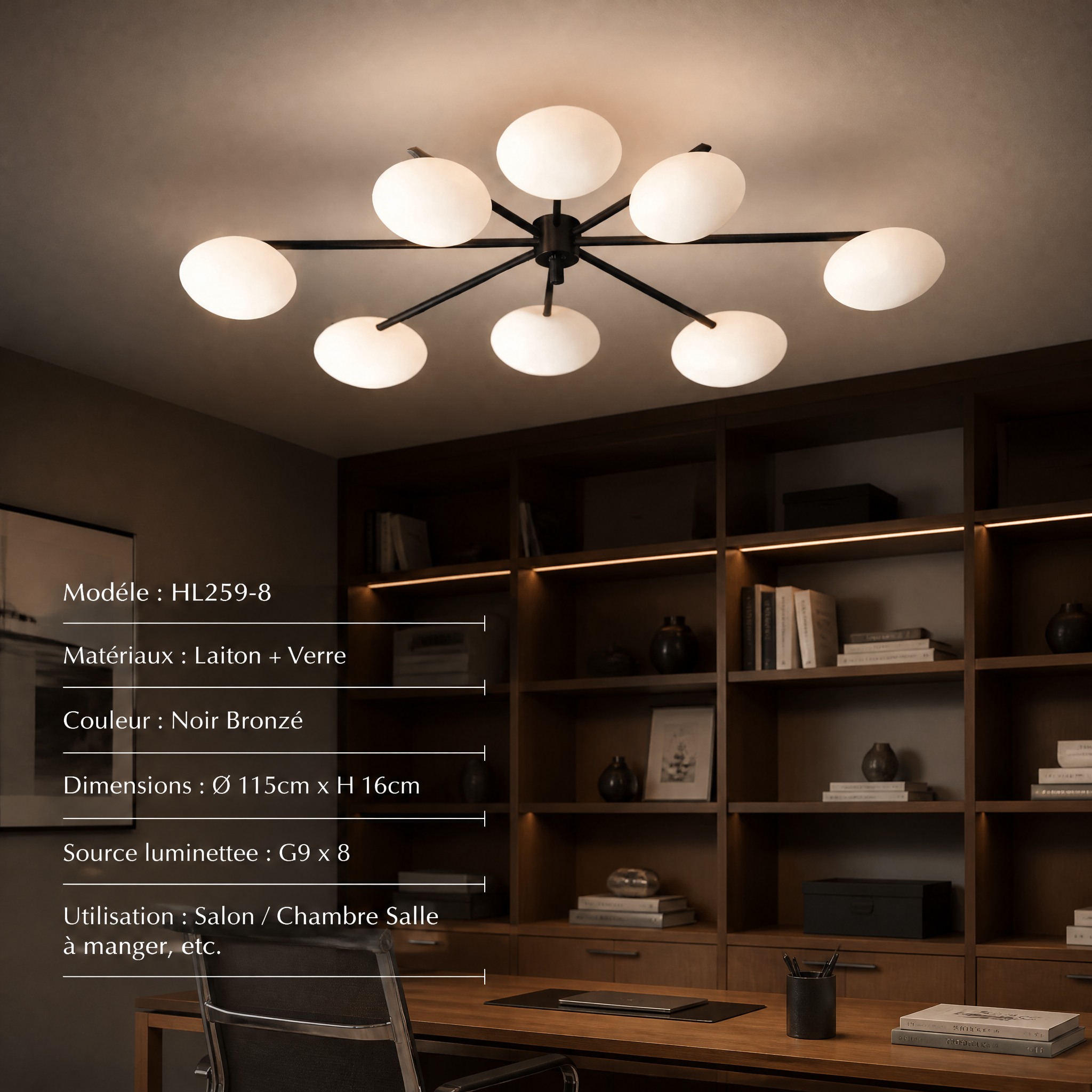 Plafonnier 3 Lampes Doré 8 têtes Noir