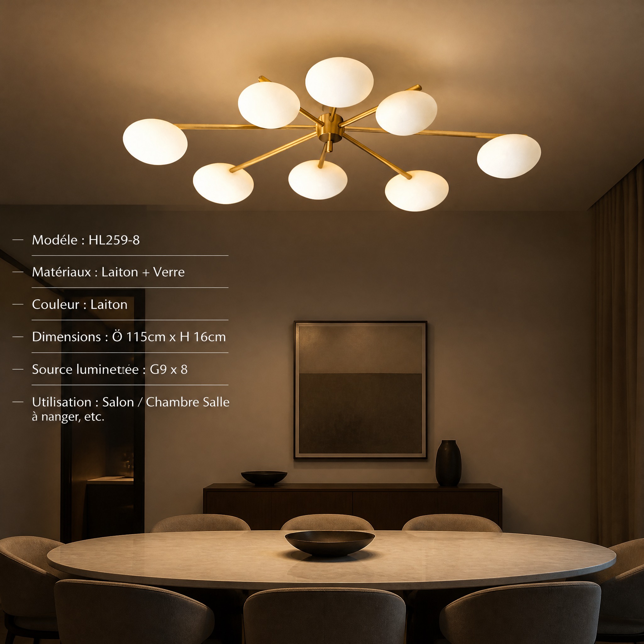 Plafonnier 3 Lampes Doré 8 têtes Or