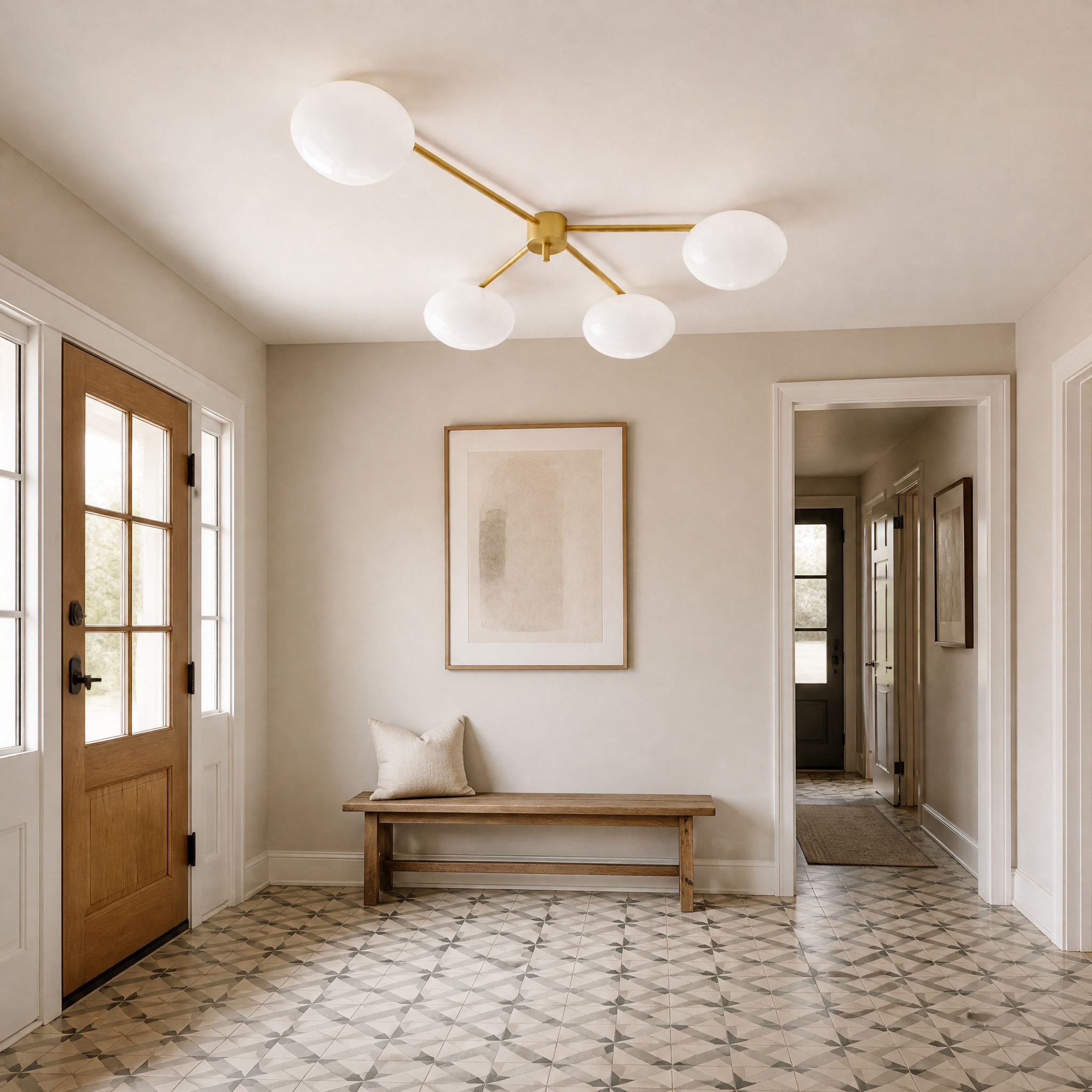 Plafonnier 3 Lampes Doré fer forgé, cuivre et verre