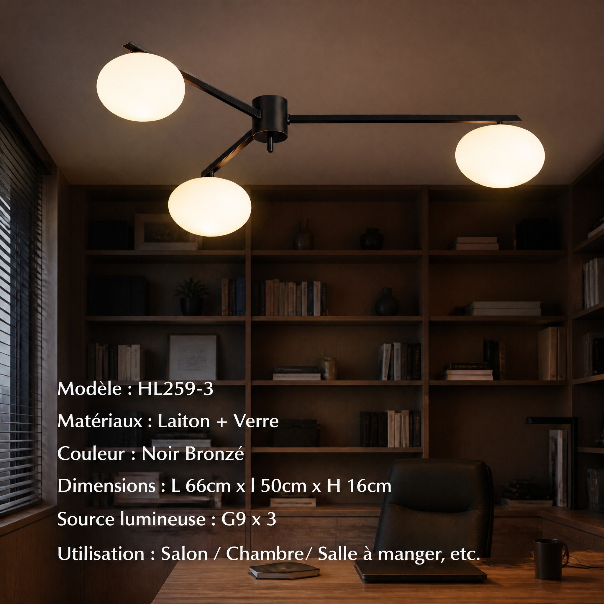 Plafonnier 3 Lampes Doré 3 têtes Noir