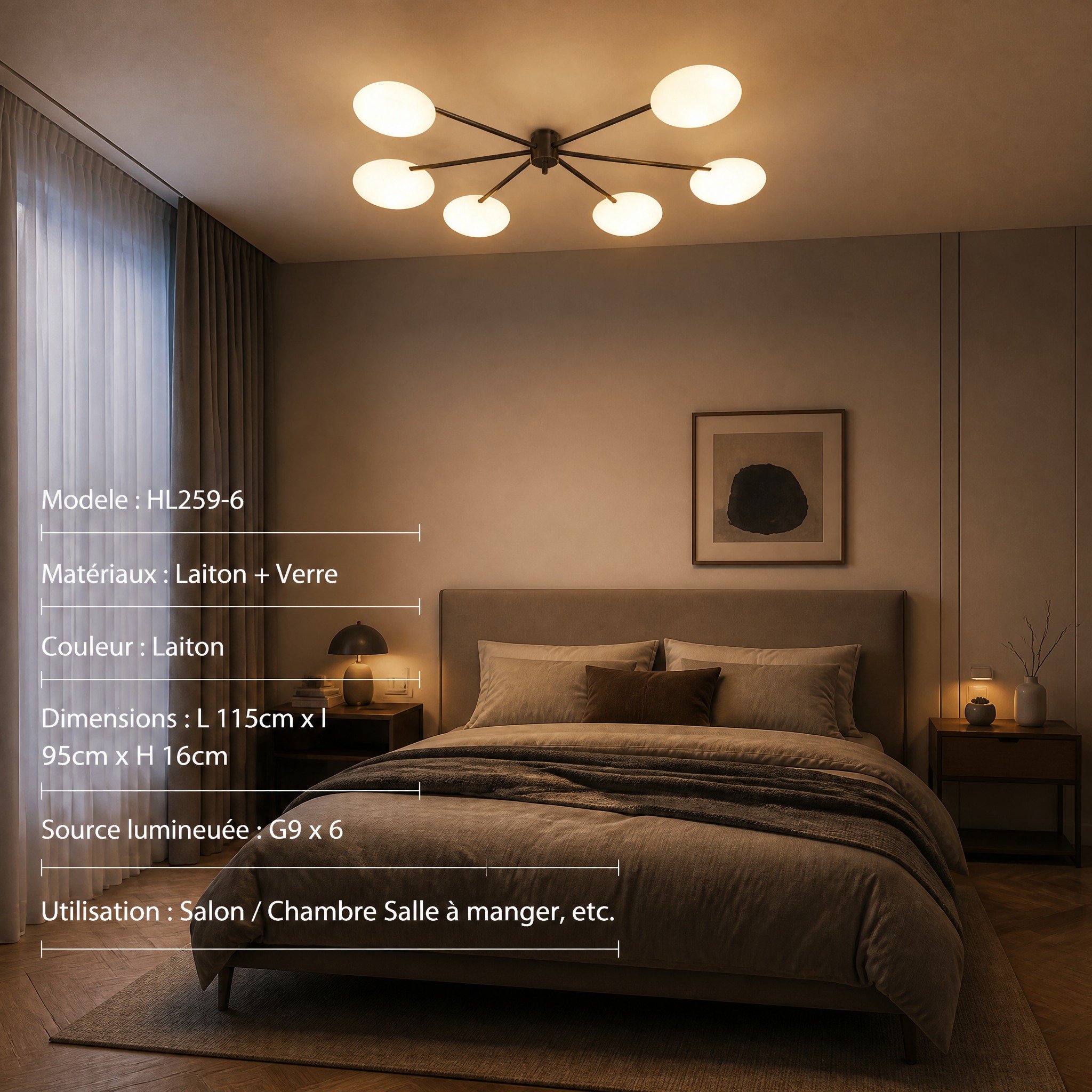Plafonnier 3 Lampes Doré 6 têtes Noir