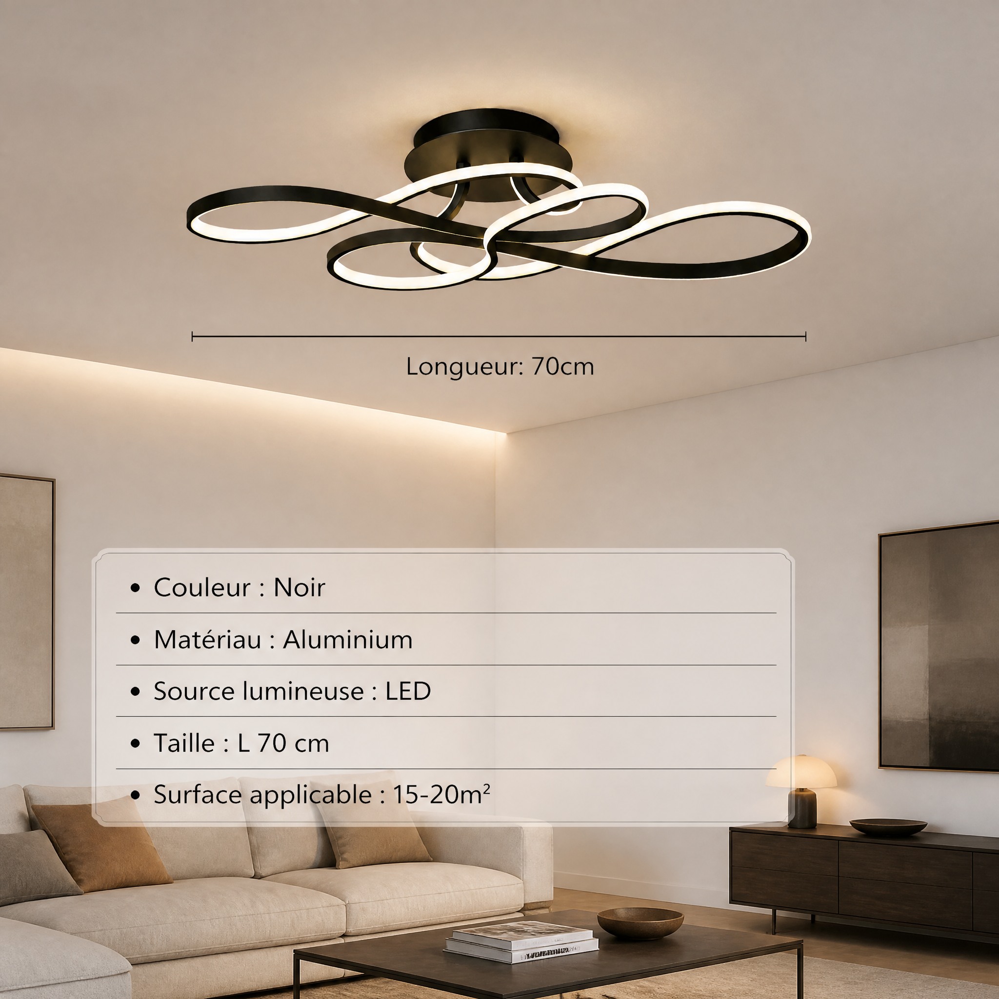 Plafonnier Design Doré Noir 70 cm