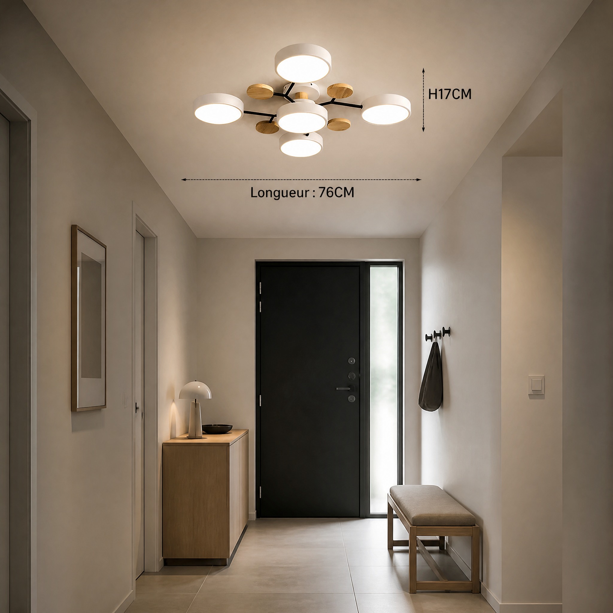 Plafonnier Gris et Bois 5 lampes Blanc