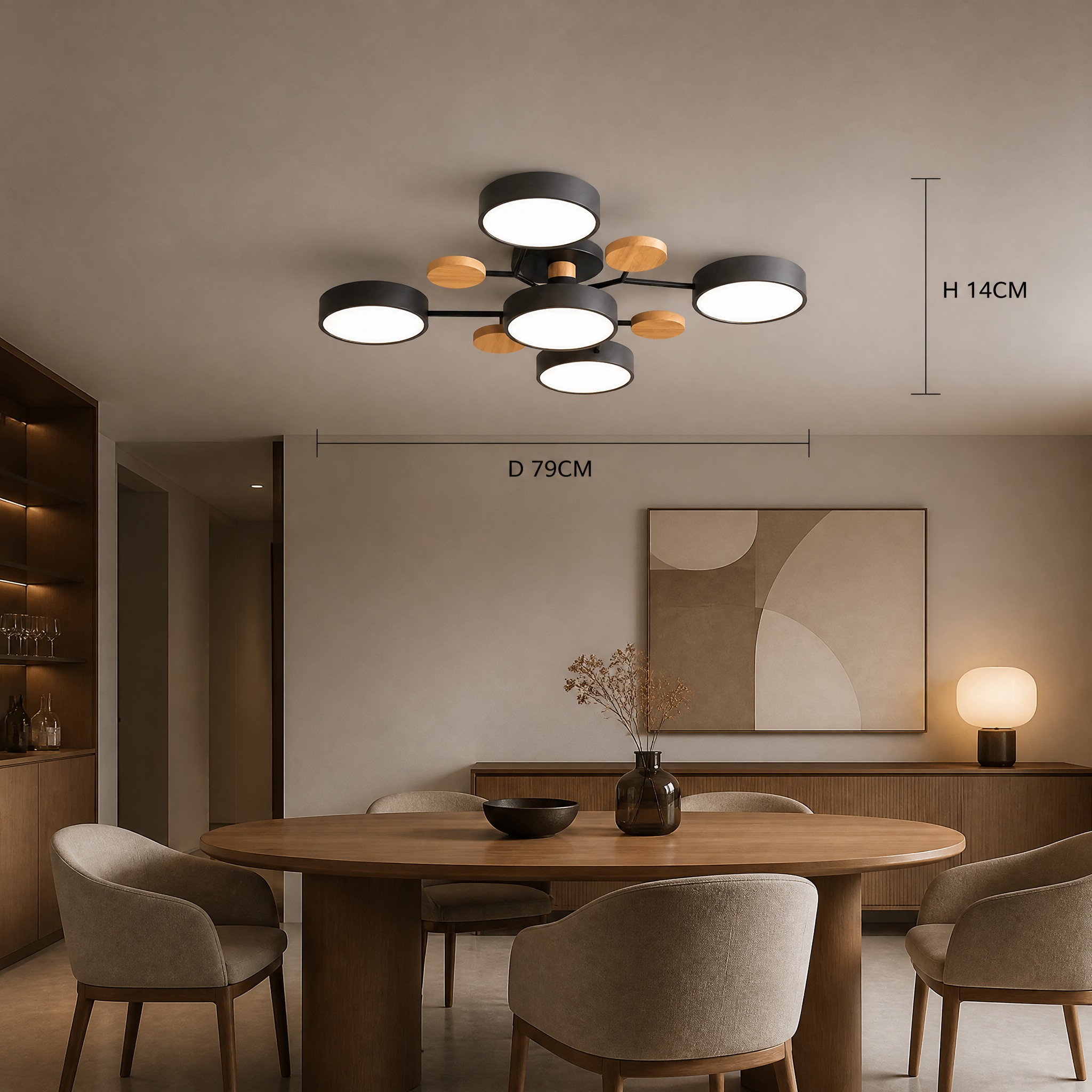 Plafonnier Gris et Bois 5 lampes Gris