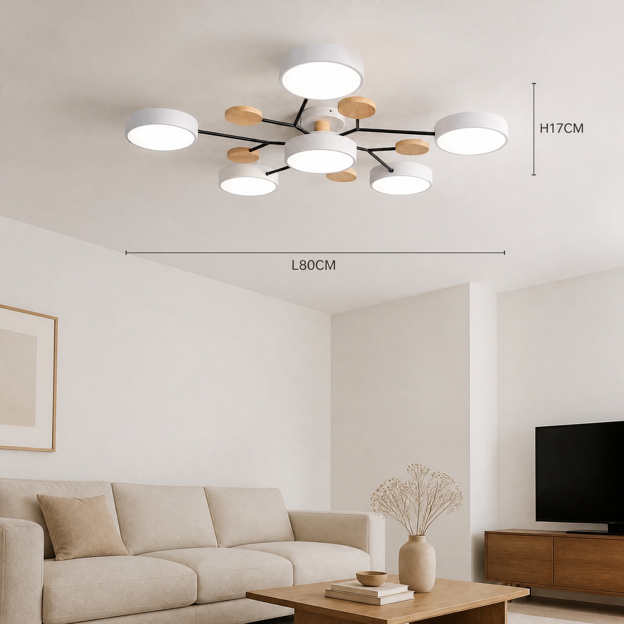 Plafonnier Gris et Bois 6 lampes Blanc