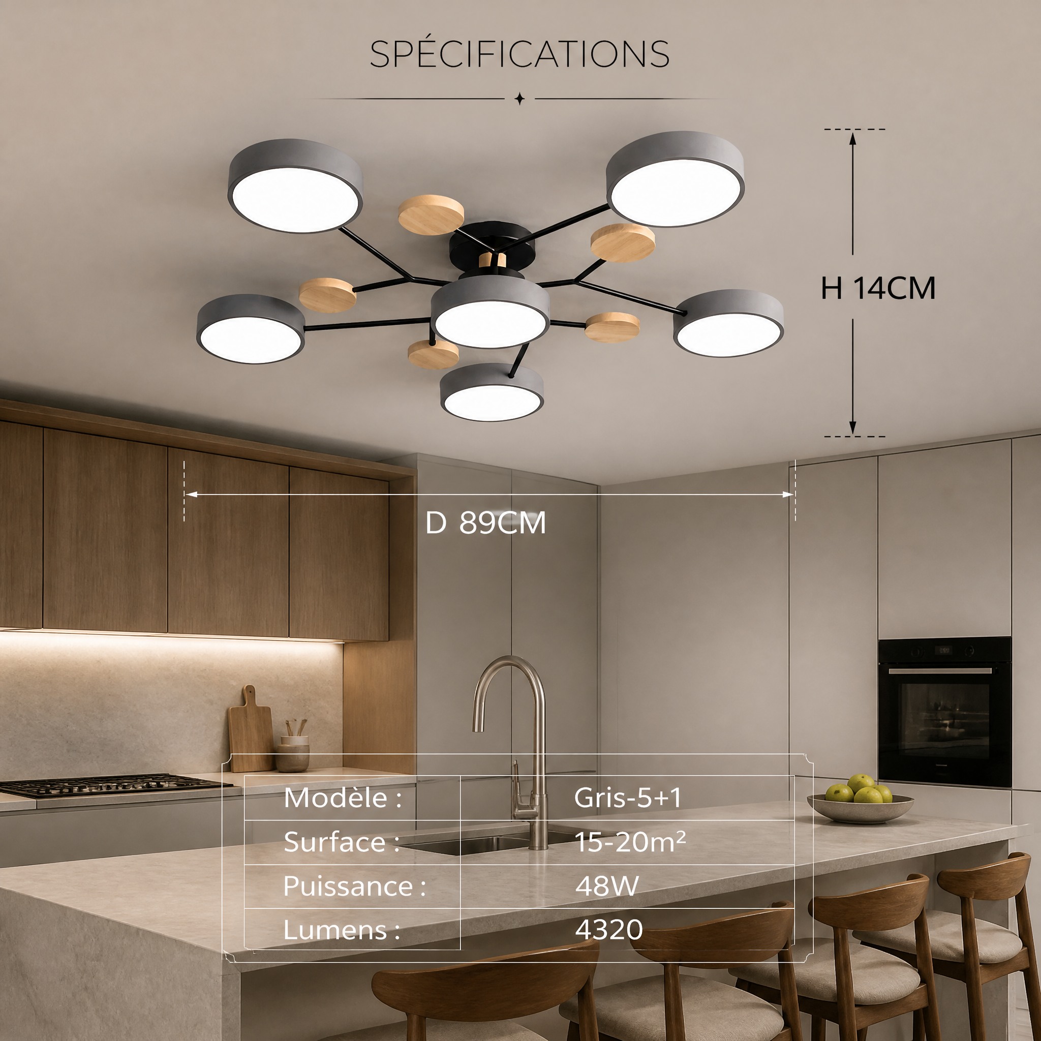 Plafonnier Gris et Bois 6 lampes Gris