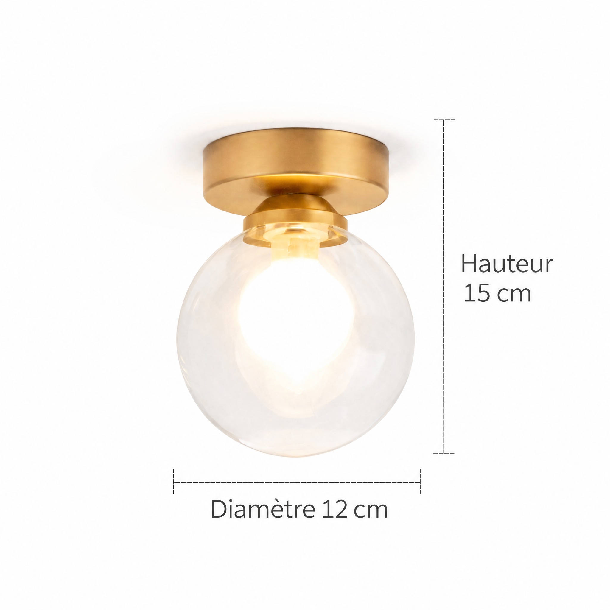 Plafonnier Laiton et Verre hauteur 15 cm diamètre 12 cm globe transparent