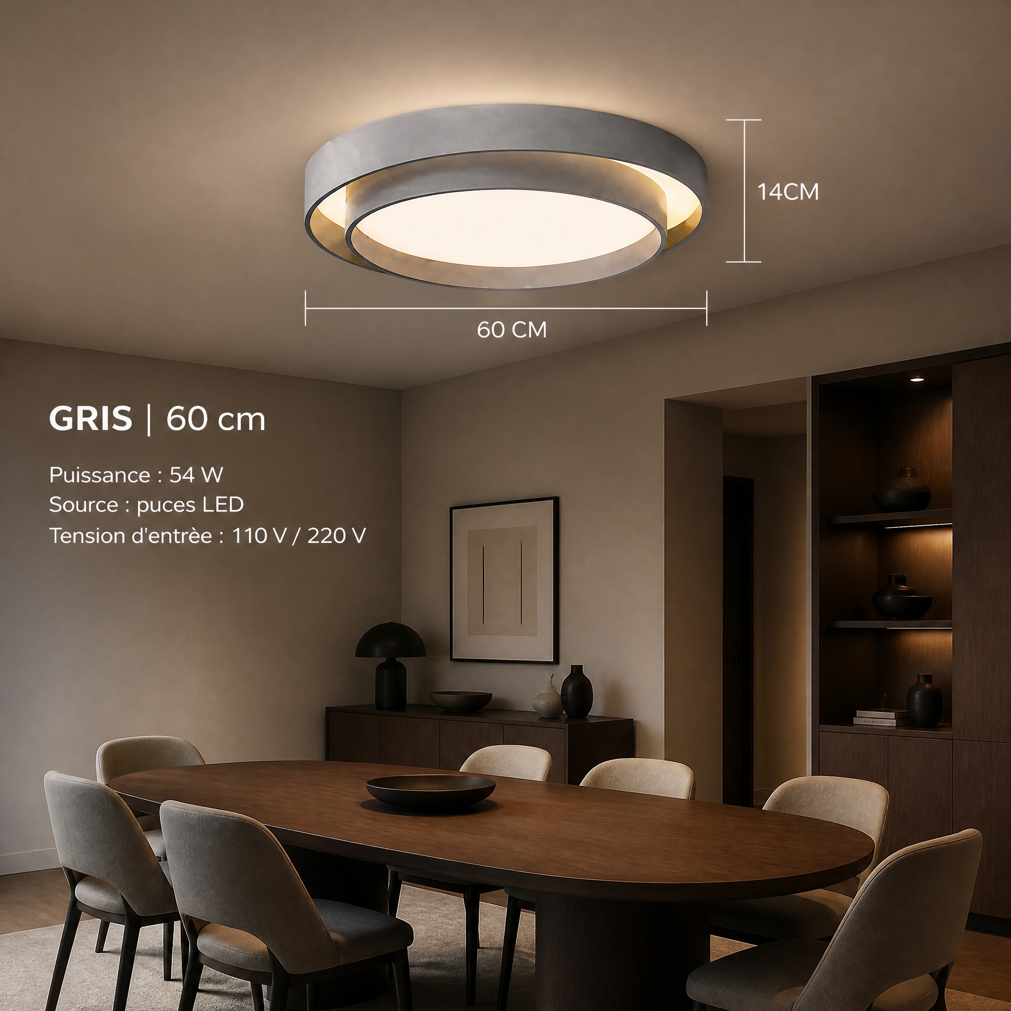 Plafonnier Rond Noir 60cm Gris
