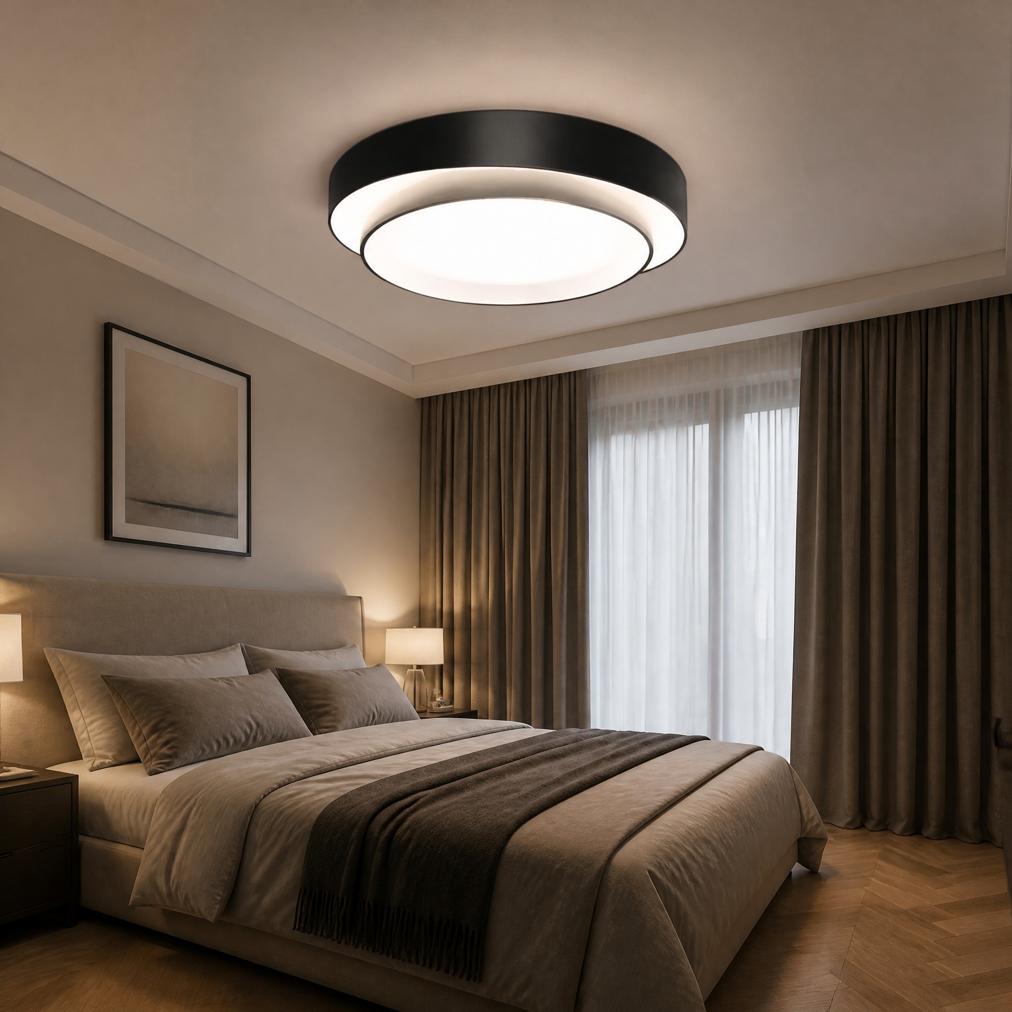 Plafonnier Rond Noir aluminium poli, diffuseur acrylique