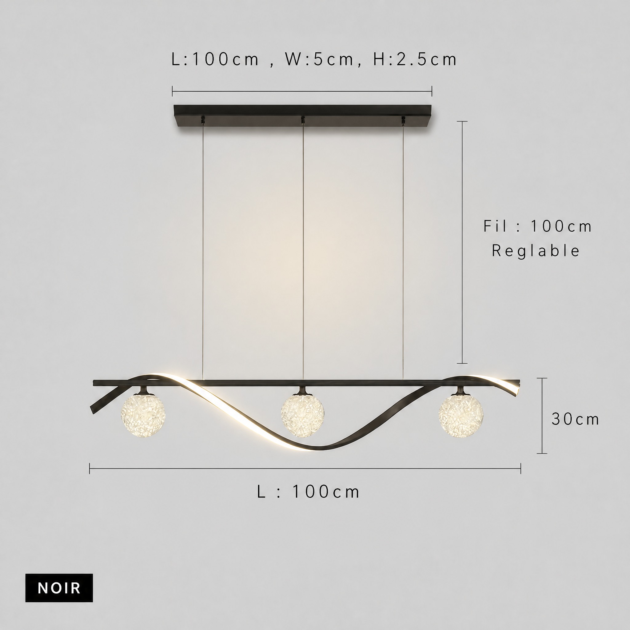 Suspension 3 Boules Cristal finition noire barre 100 cm hauteur 30 cm câble réglable 100 cm