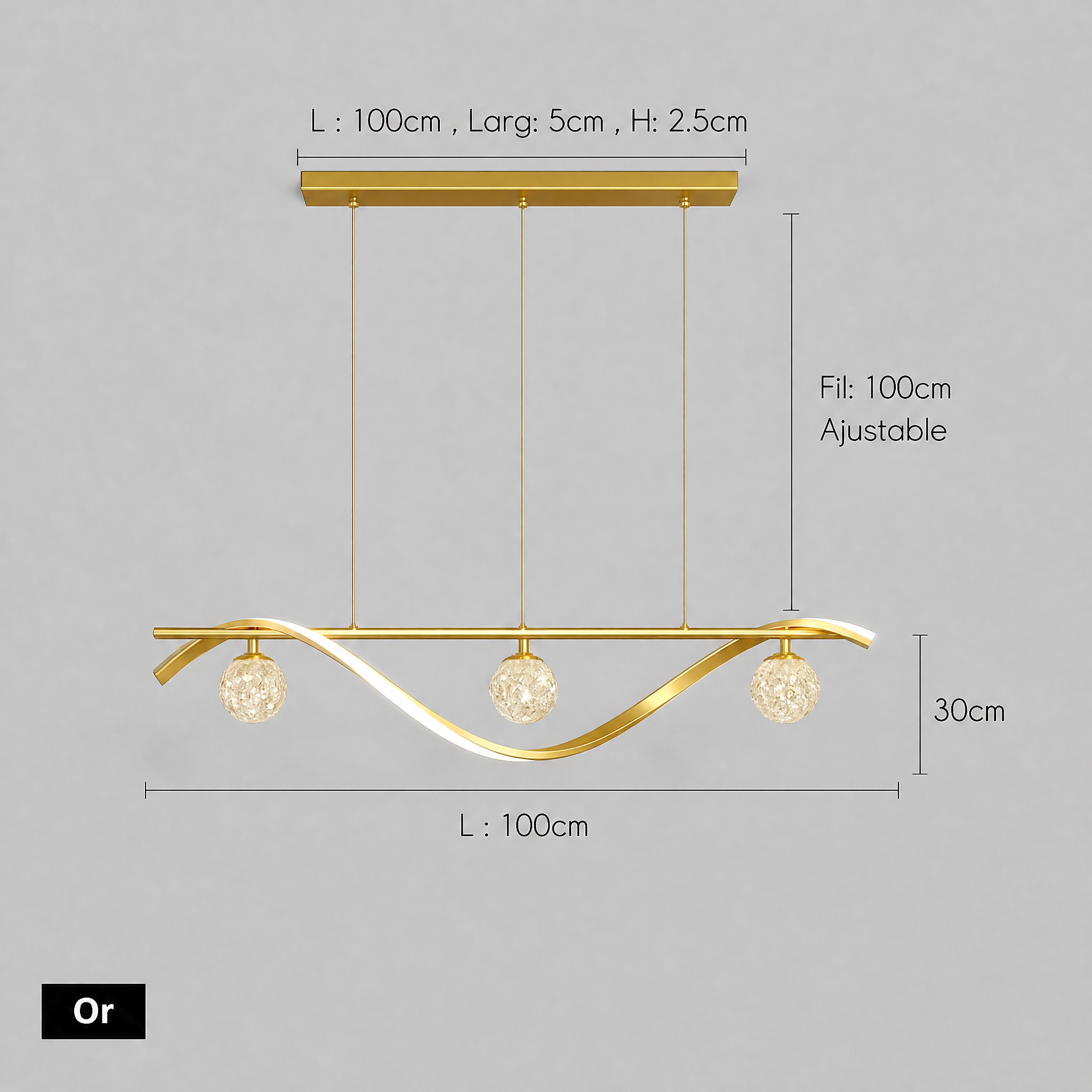 Suspension 3 Boules Cristal finition or barre 100 cm hauteur 30 cm câble ajustable 100 cm