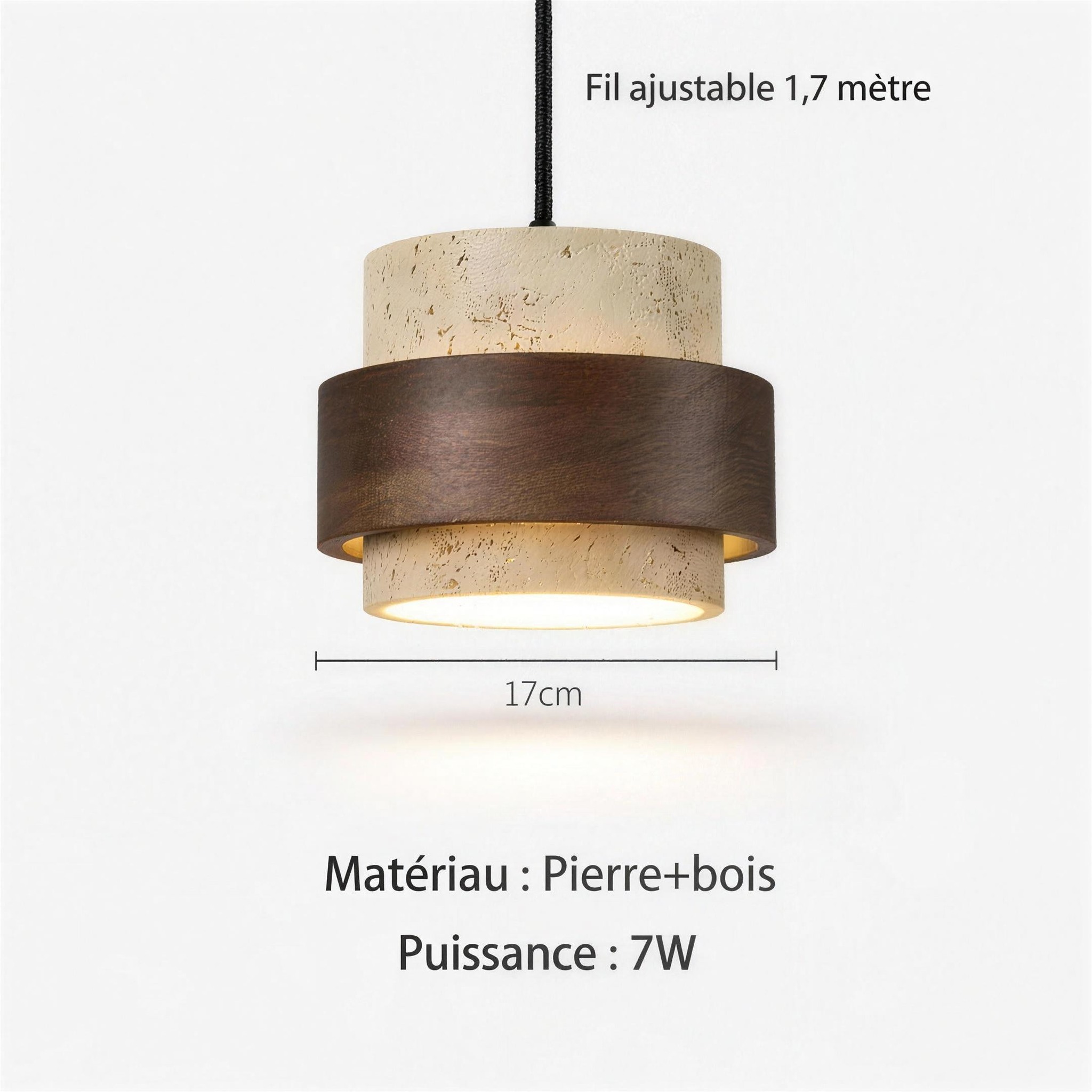 Suspension Bois et Pierre dimensions largeur 17 cm, hauteur 12,5 cm