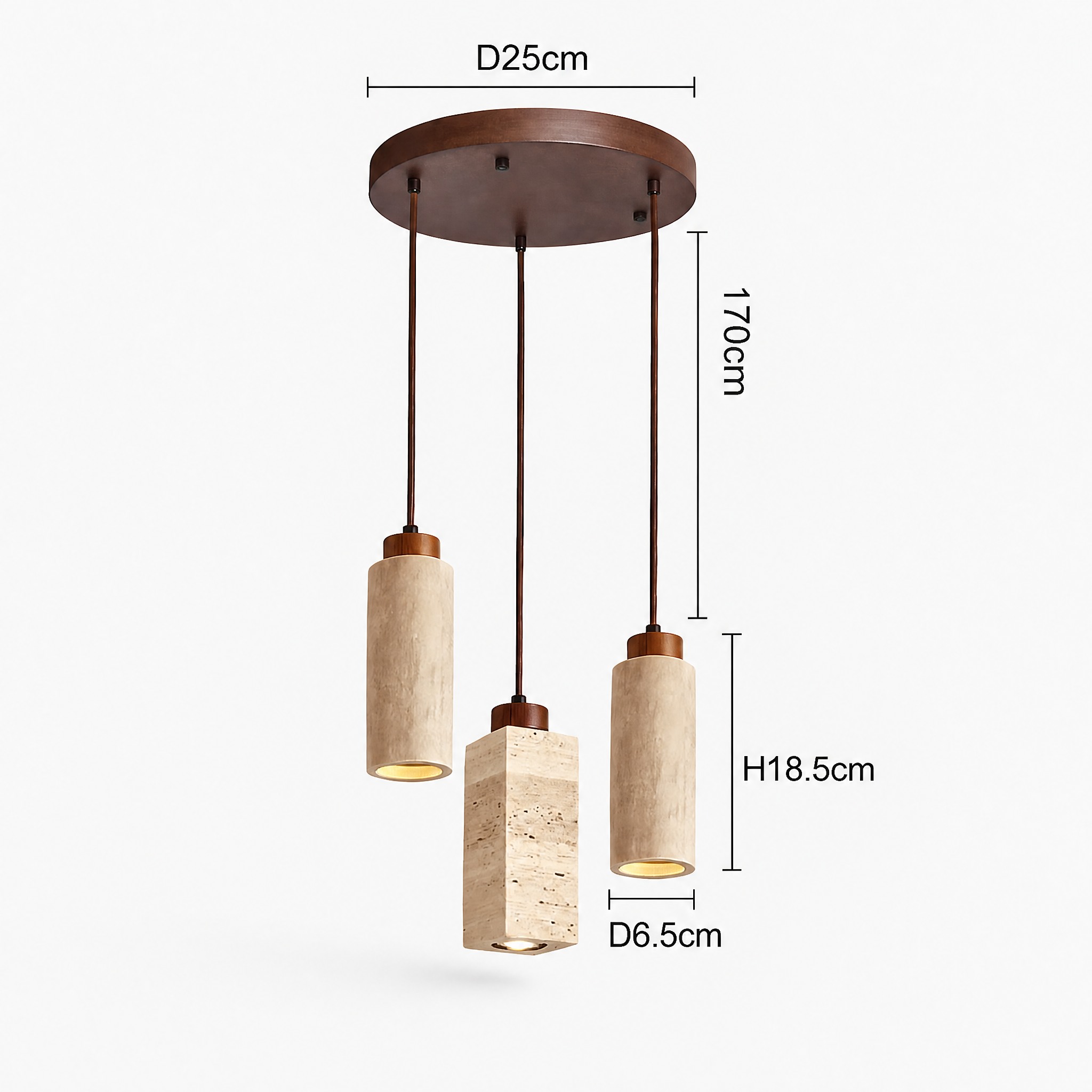 Suspension en Travertin trois cylindres câble 170 cm hauteur 18,5 cm platine 25 cm