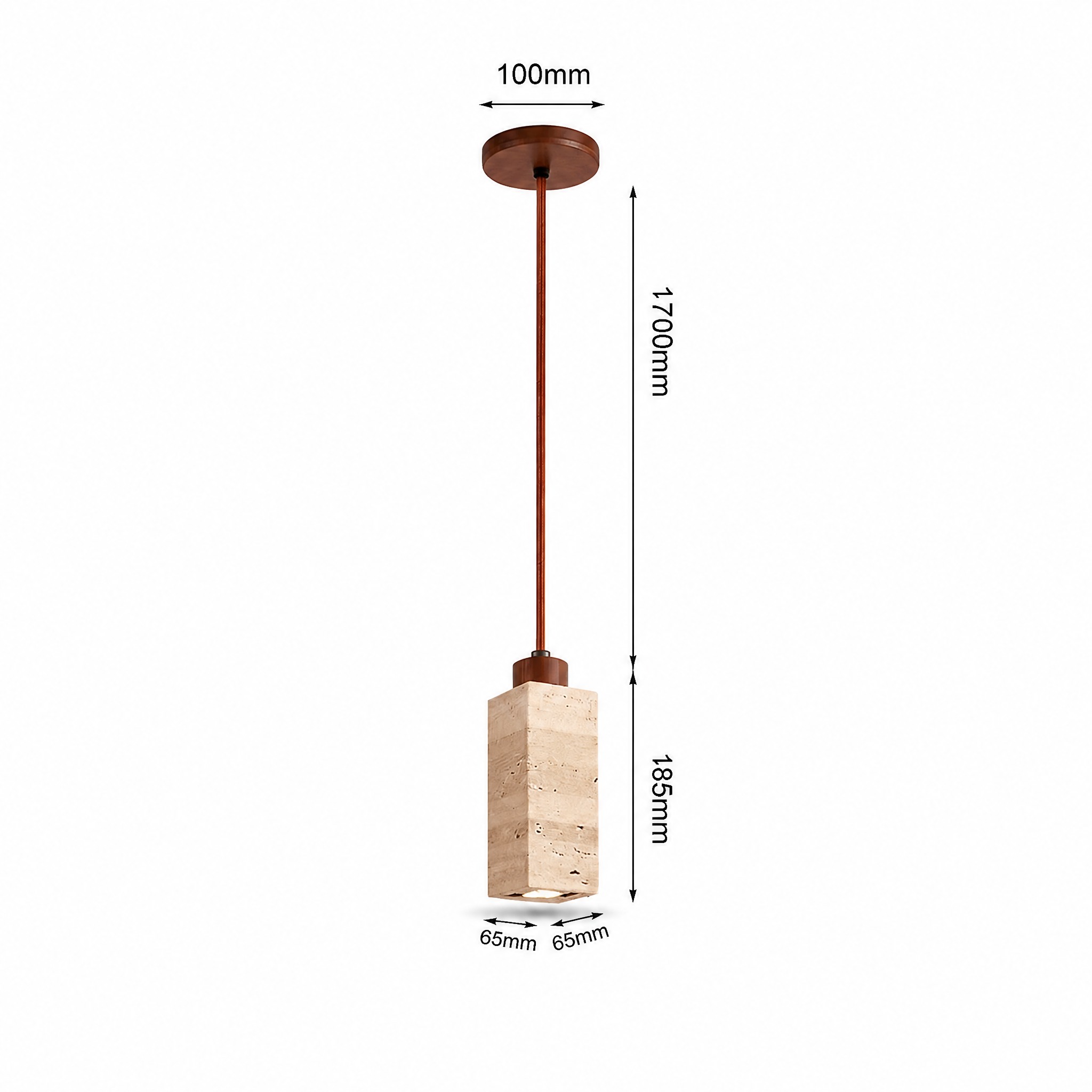 Suspension en Travertin bloc carré 185 mm côté 65 mm rosace 100 mm câble 1700 mm