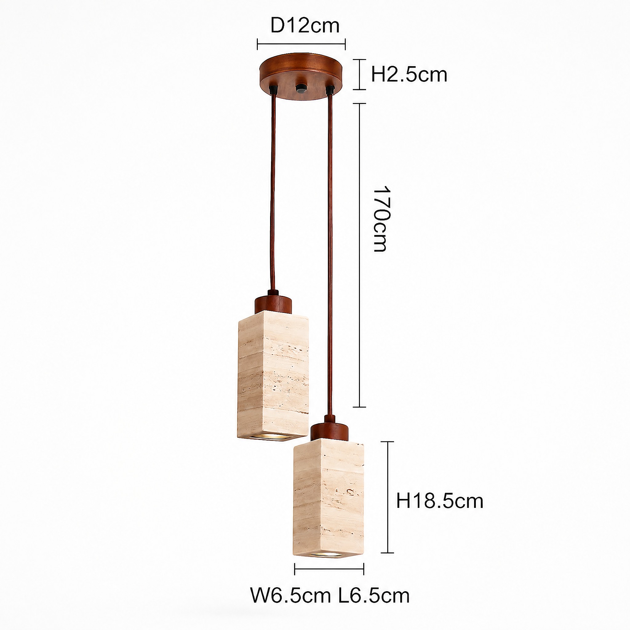 Suspension en Travertin deux blocs carrés platine 12 cm hauteur 18,5 cm côté 6,5 cm