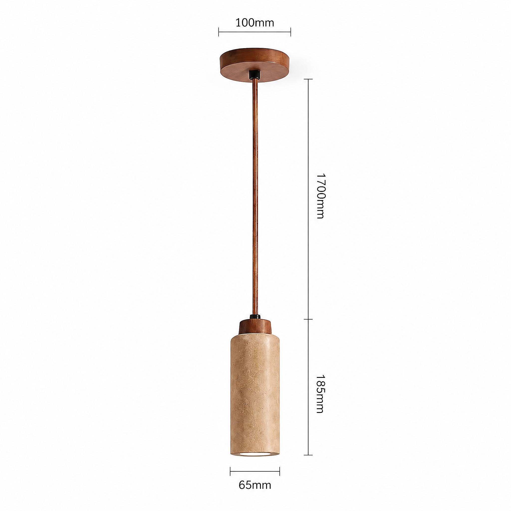 Suspension en Travertin cylindre 185 mm diamètre 65 mm rosace 100 mm câble 1700 mm
