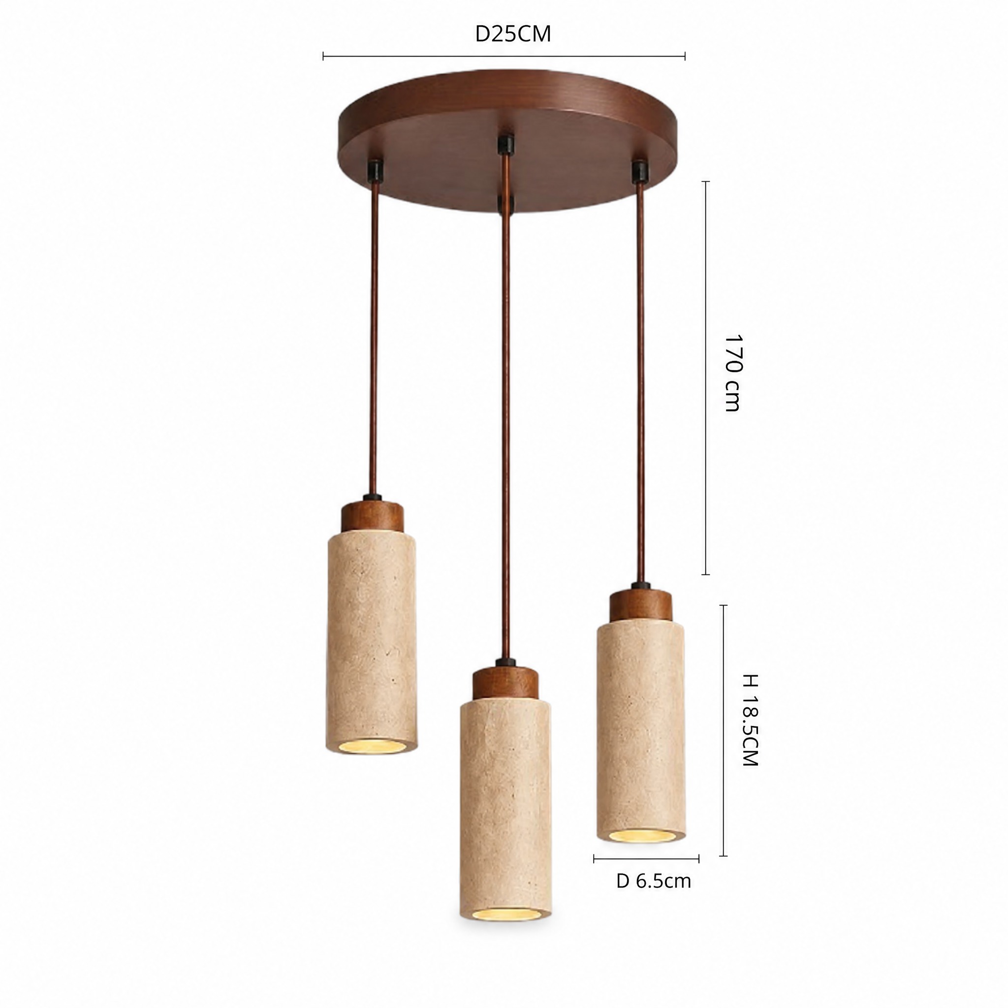 Suspension en Travertin trois cylindres hauteur 18,5 cm diamètre 6,5 cm platine 25 cm