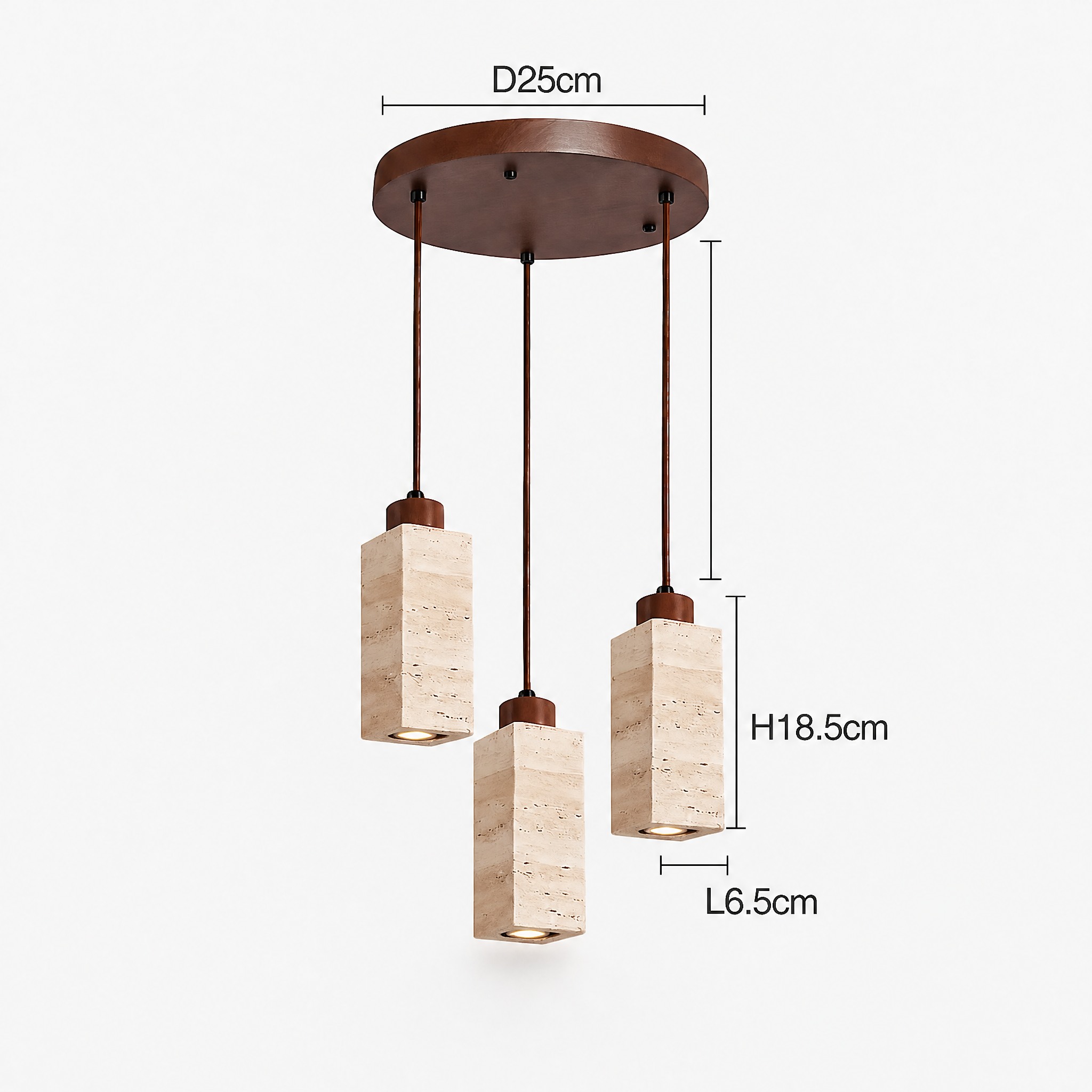 Suspension en Travertin trois blocs carrés hauteur 18,5 cm côté 6,5 cm platine ronde 25 cm