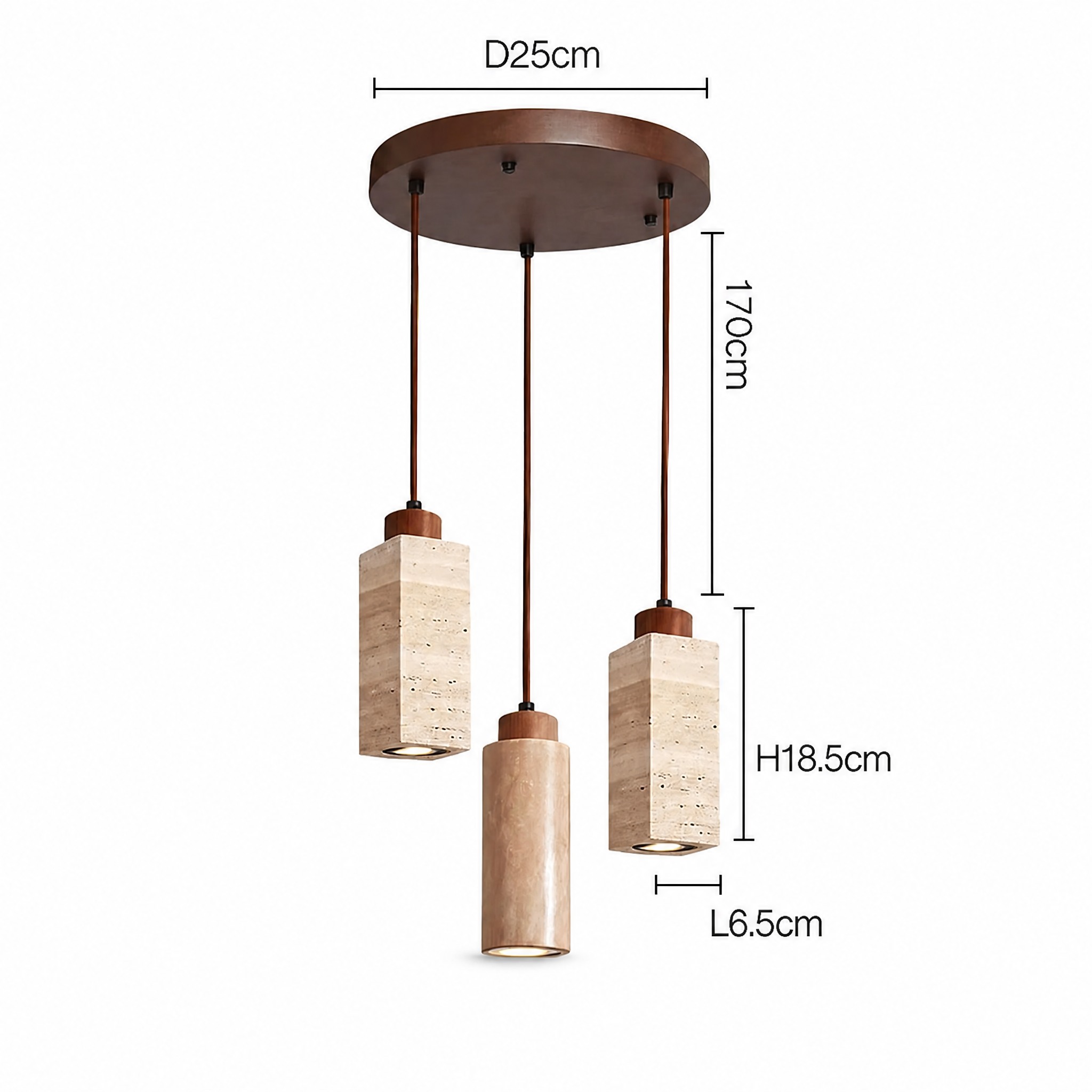 Suspension en Travertin deux blocs carrés et un cylindre câble 170 cm platine 25 cm