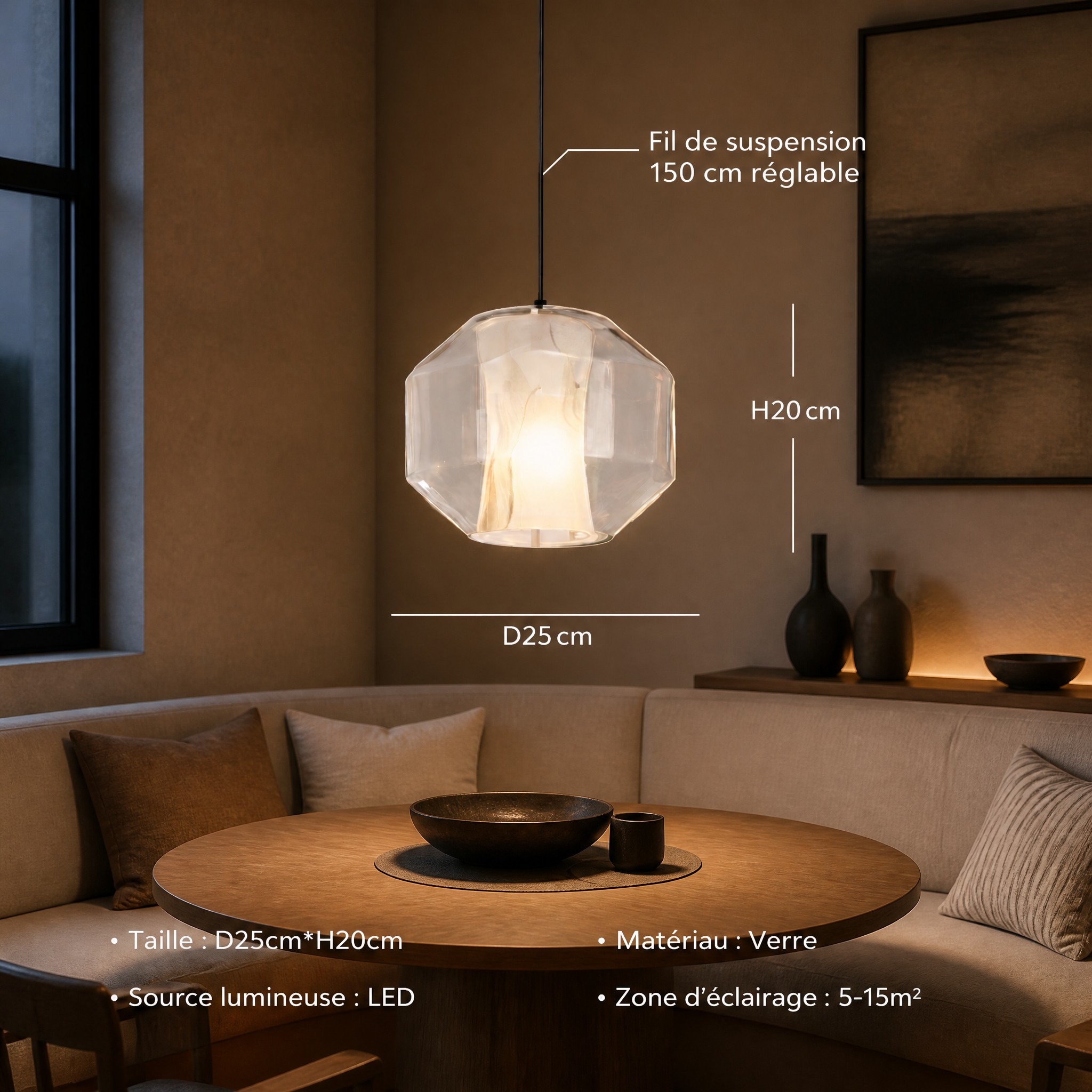 Suspension Marbre et Verre A Verre transparent