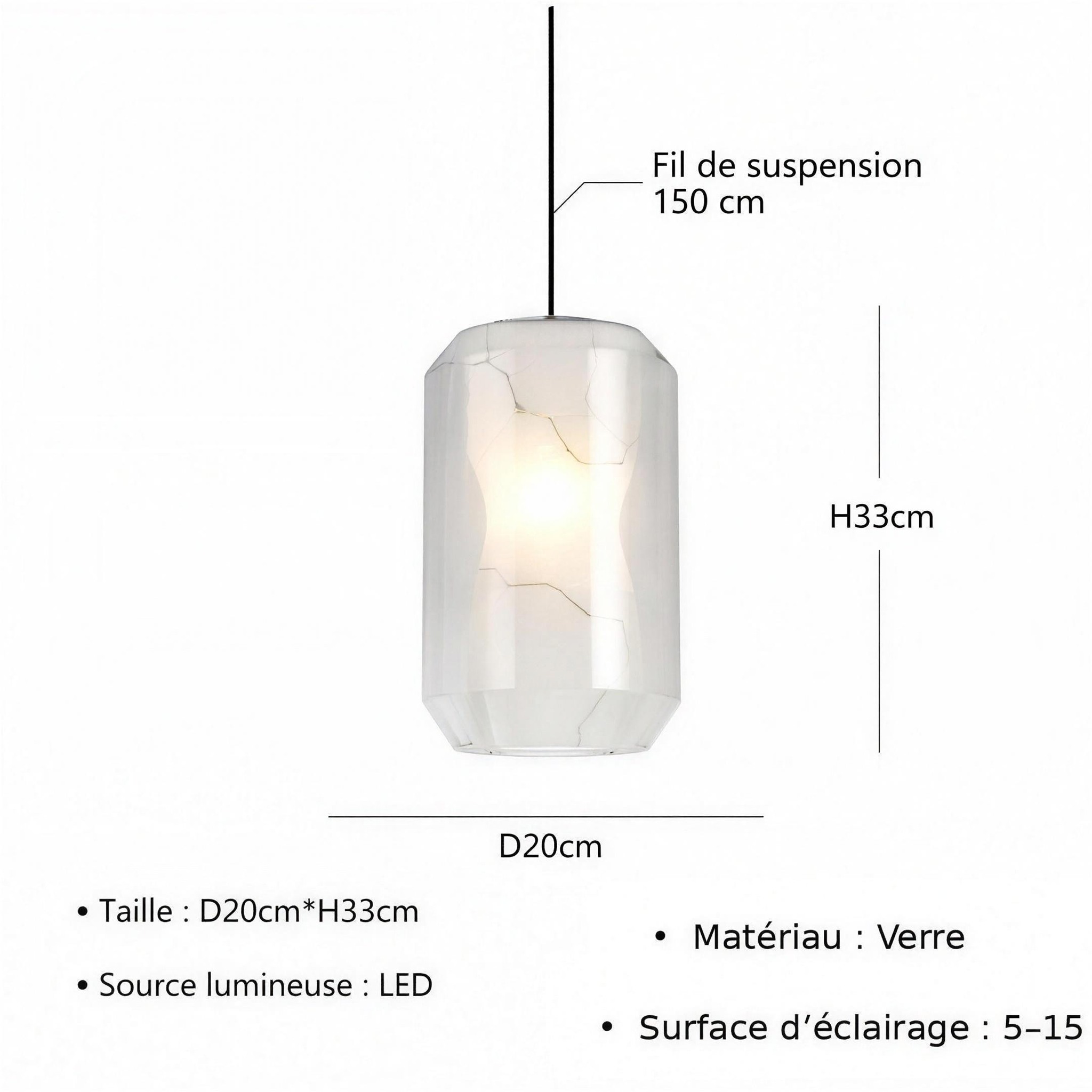 Suspension Marbre et Verre diamètre 20 cm hauteur 33 cm verre translucide câble 150 cm
