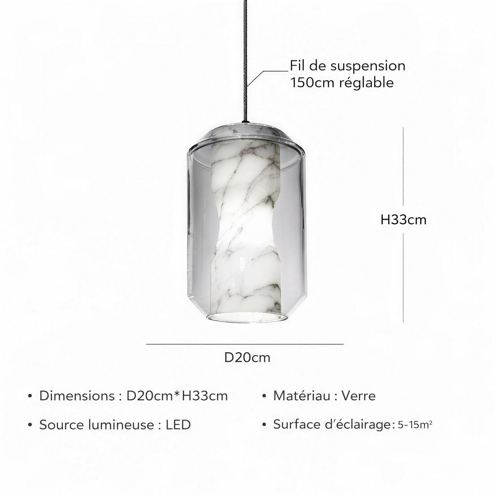 Suspension Marbre et Verre diamètre 20 cm hauteur 33 cm marbre veiné câble réglable 150 cm