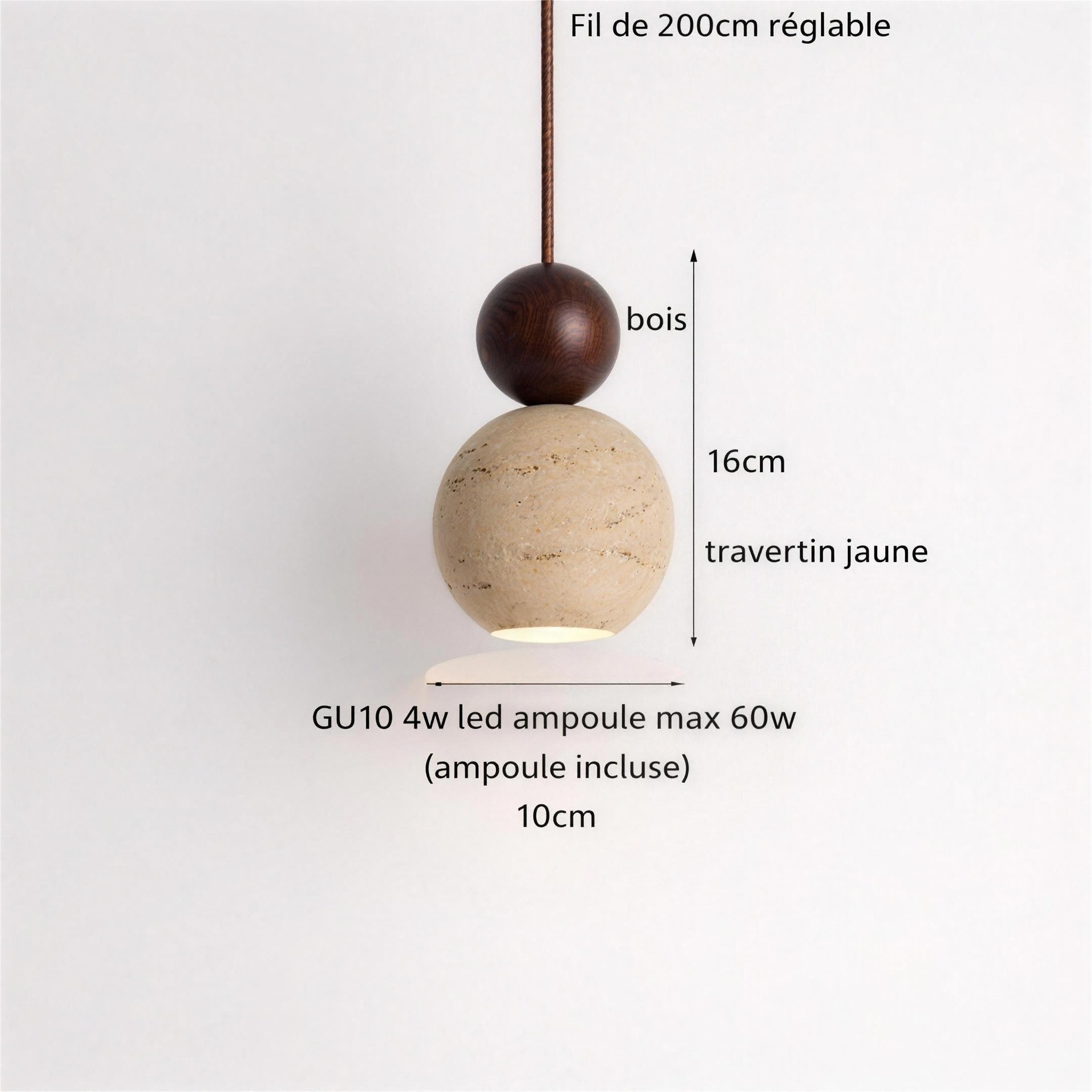 Suspension Pierre Naturelle sphère de travertin jaune 16 cm cabochon bois ampoule GU10 4 W