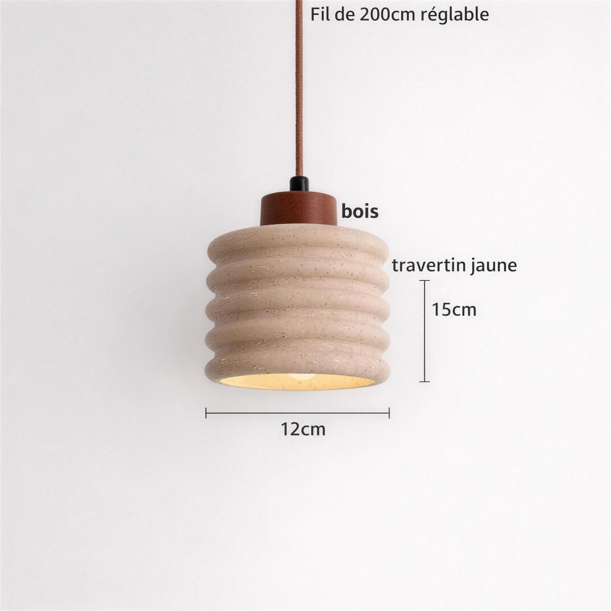 Suspension Pierre Naturelle abat-jour travertin jaune nervuré hauteur 15 cm diamètre 12 cm
