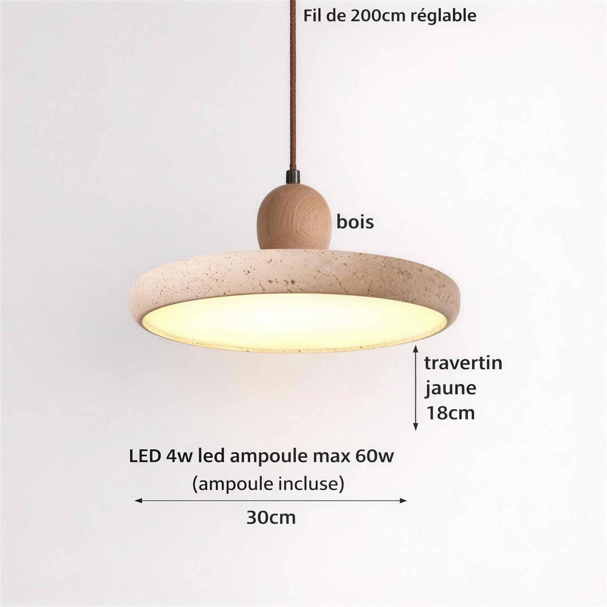 Suspension Pierre Naturelle disque de travertin jaune diamètre 30 cm épaisseur 18 cm