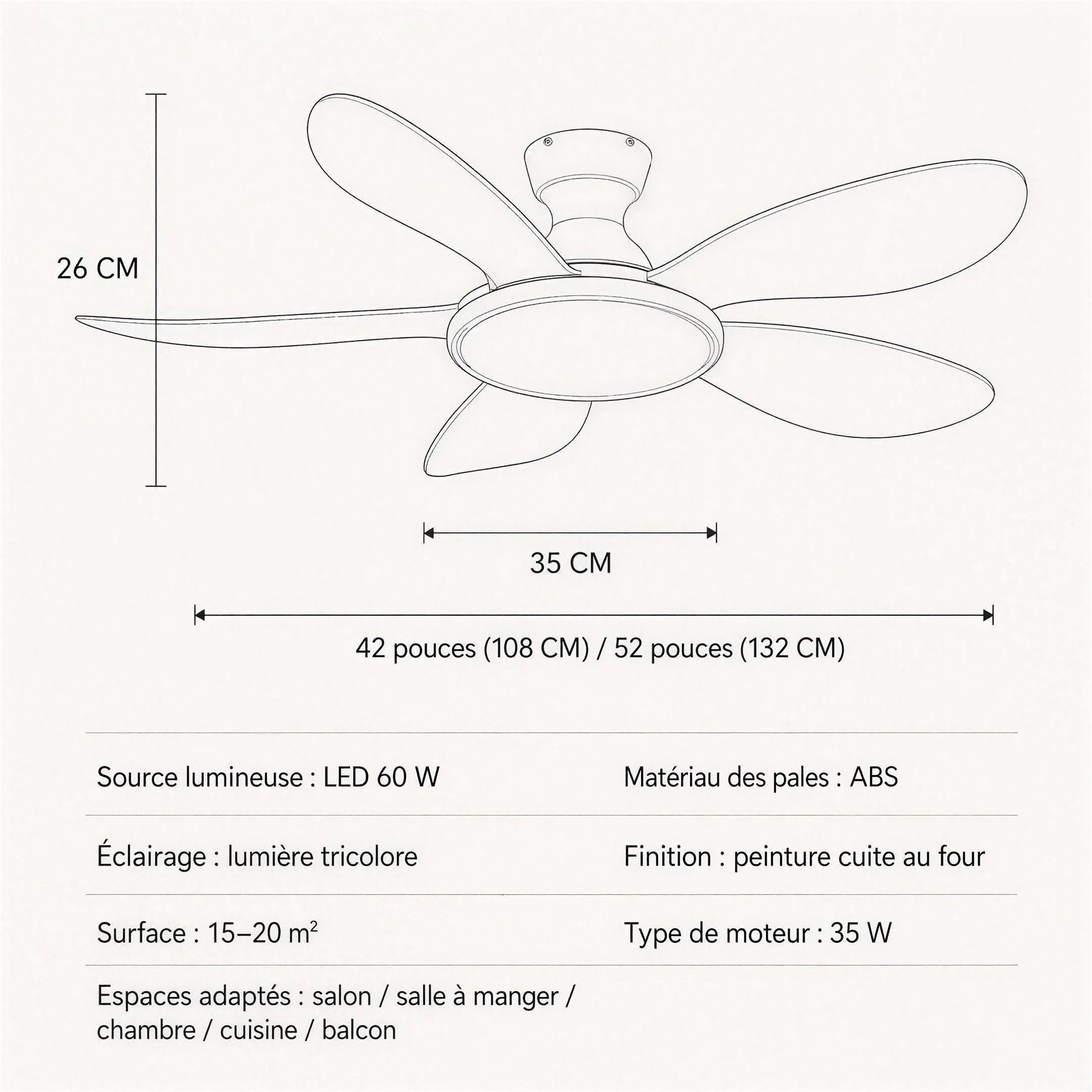 Ventilateur de Plafond Bois Clair diamètres 107 ou 132 cm