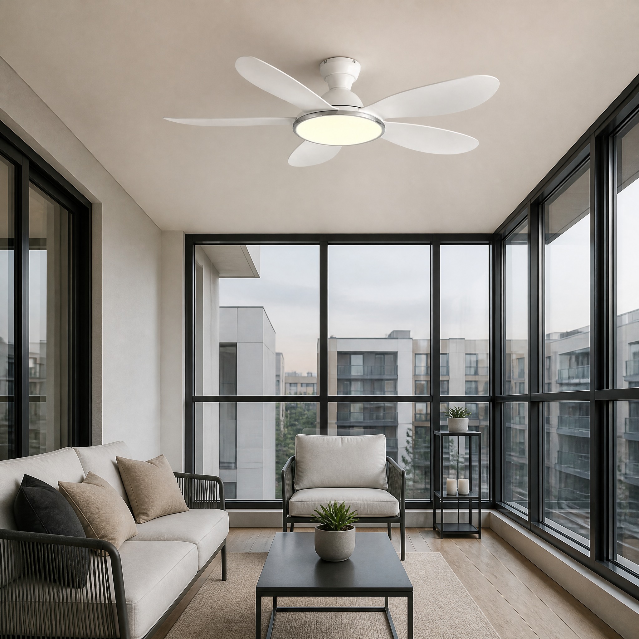 Ventilateur de Plafond Bois Clair panneau LED 60 W sous diffuseur opale, intensité variable, 3 températures de couleur