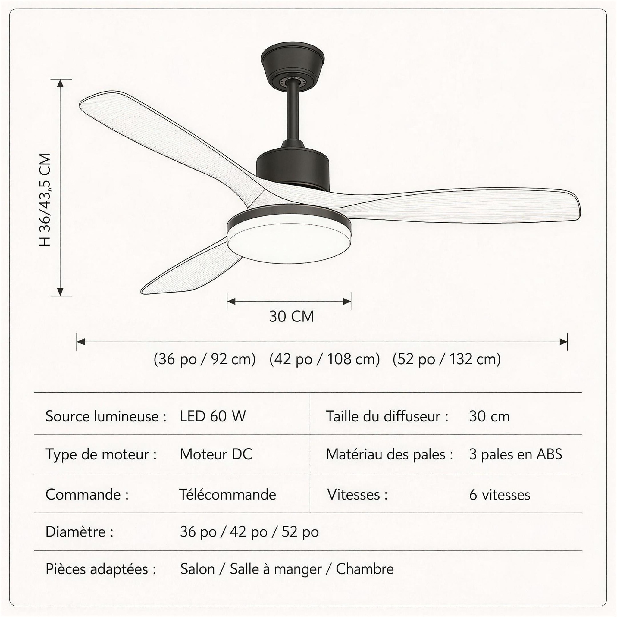 Ventilateur de Plafond Bois Naturel diamètres 92, 108 ou 132 cm