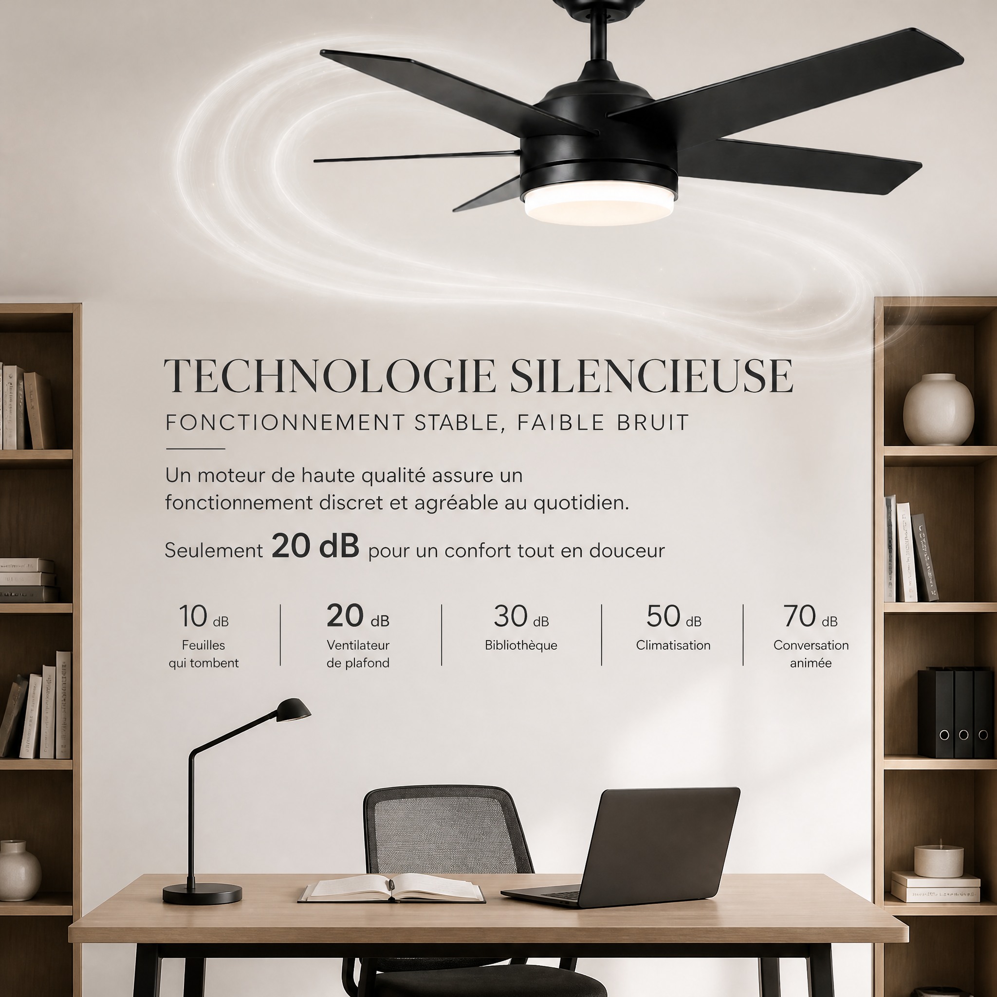 Ventilateur de Plafond Noir LED pales 3 profilées en ABS renforcé, finition noir mat, indéformables et résistantes à l'humidité