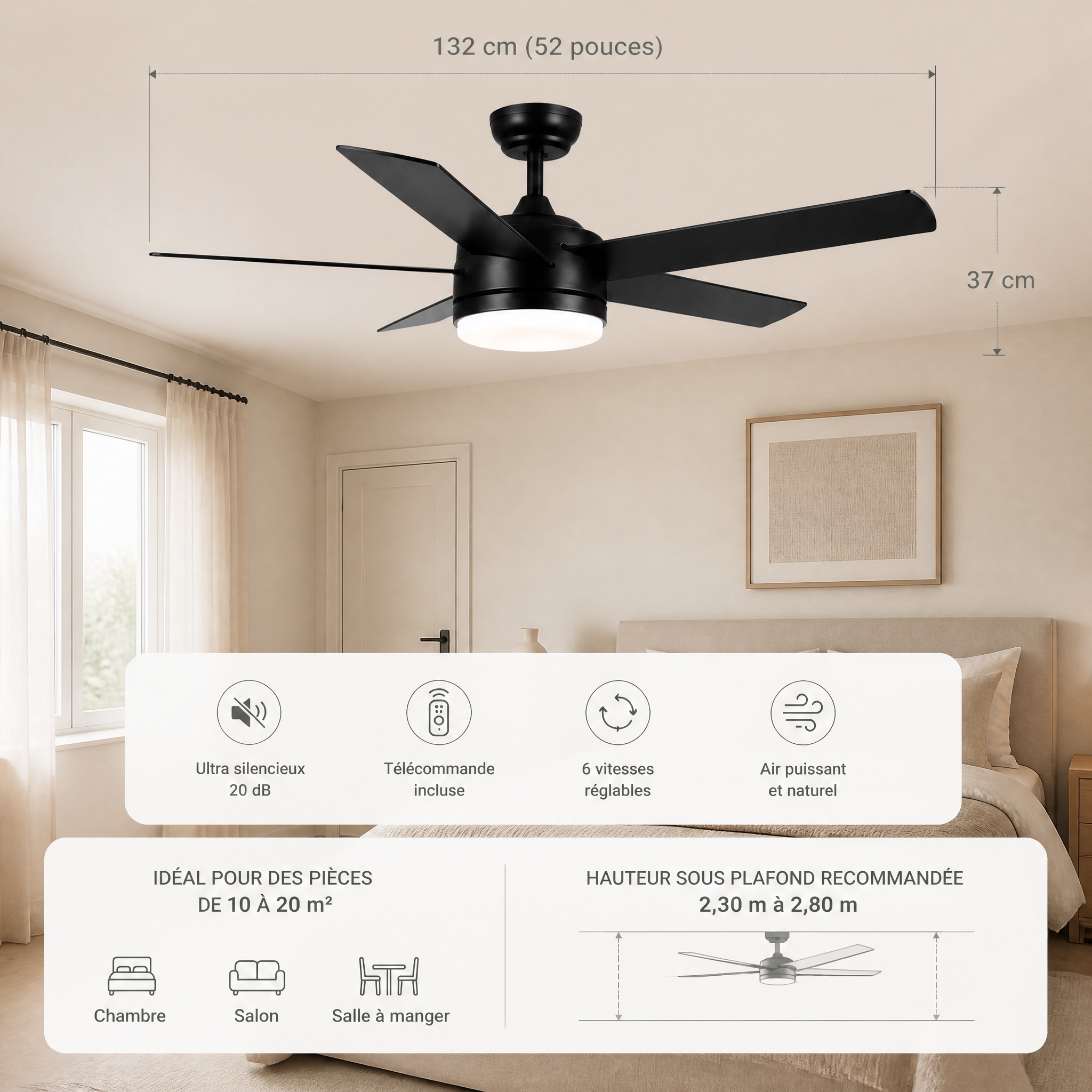 Ventilateur de Plafond Noir LED ventilateurs